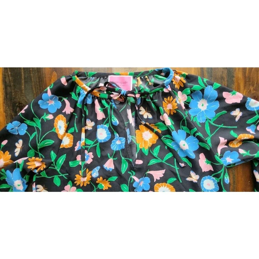 Kate Spade Black Floral Puff Sleeve Tunic Blouse Round Neck Size S (726)